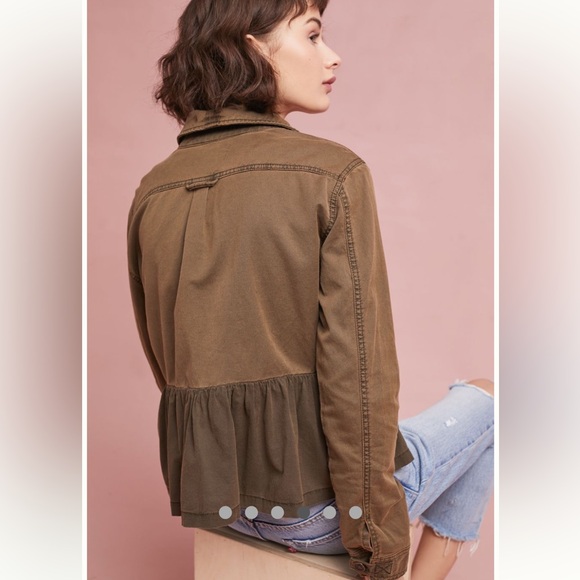 Anthropologie Military Style Olive Jacket with Peplum Hem, Beaded, Cotton/Linen - Picture 13 of 15